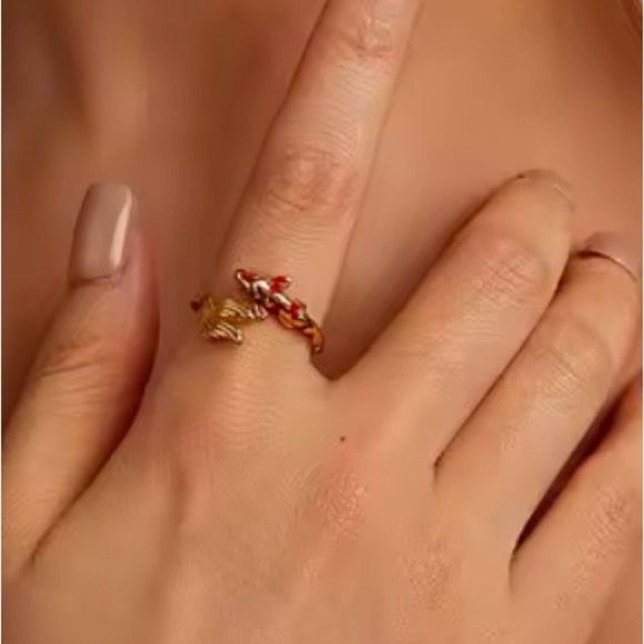 18K Gold Bohemian Lucky Koi Fish Enameled Detailing Ring Open Ring Adjustable - Picture 7 of 11
